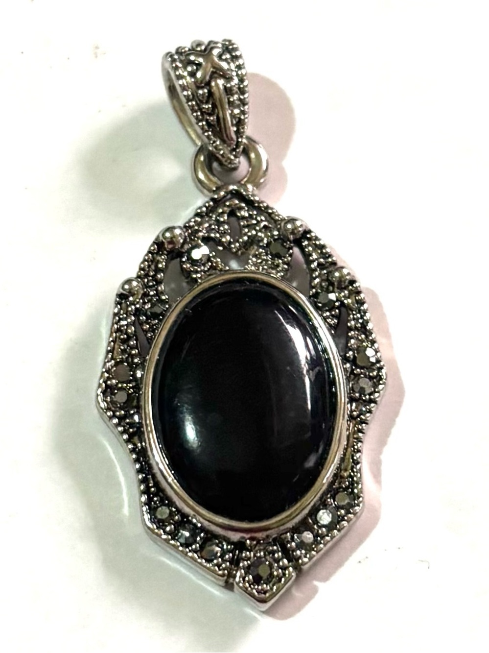 Vintage Black Onyx Sterling Marcasite Pendant - Vintage